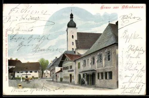 AK Offenhausen, Platz mit Säule, Kirche und Häusern