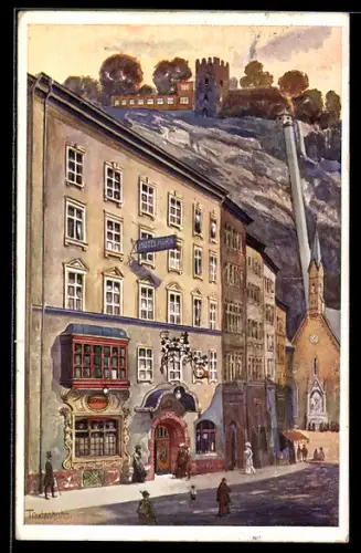 Künstler-AK Salzburg, Hotel Gold. Horn, Getreidegasse