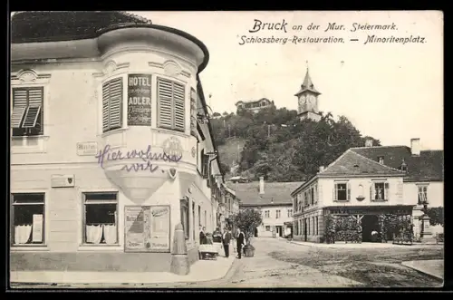 AK Bruck an der Mur, Schlossberg-Restaurant, Hotel Adler, Minoritenplatz