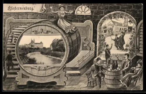 AK Klosterneuburg, Stift mit Flusspartie, Brauhausszene