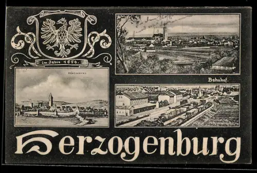 AK Herzogenburg, Bahnhof, Panorama mit Kirche, Wappen