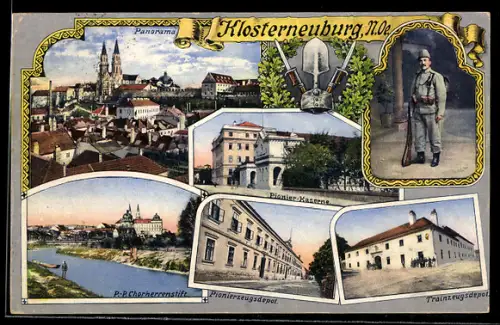 AK Klosterneuburg /N.Ö., Panorama, Pionier-Kaserne, Chorherrenstift