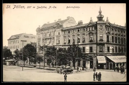 AK St. Pölten /N.-Oe., Cafe und Hotel Bahnhof am Bahnhofsplatz