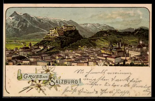 Lithographie Salzburg, Stadtpanorama mit Festung Hohensalzburg