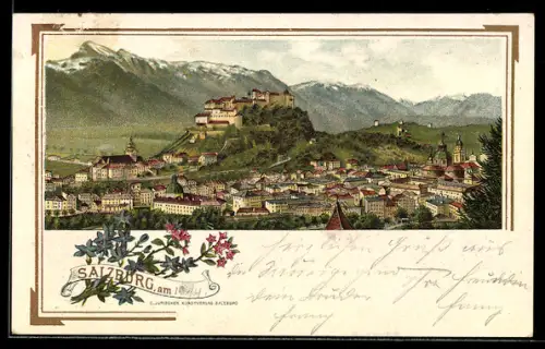 Lithographie Salzburg, Panorama mit Festung