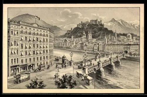 Künstler-AK Salzburg, Hotel zum Stein, Strassenbahn