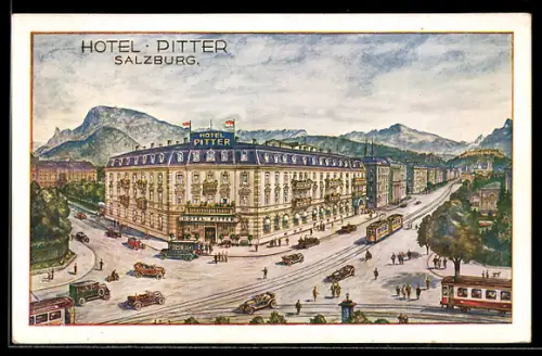 Künstler-AK Salzburg, Hotel Pitter, Platzansicht mit Strassenbahn