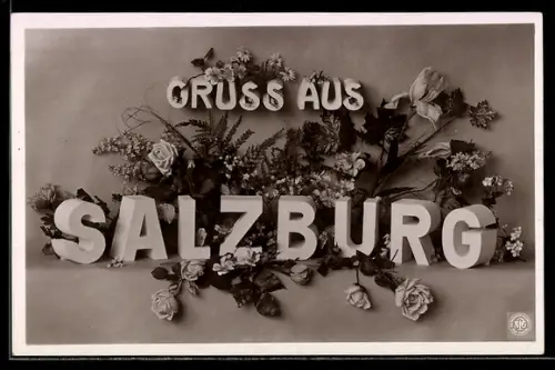 AK Salzburg, Schriftzug mit Blumendekor