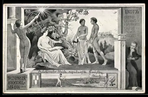 Lithographie Salzburg, Salzburger Hochschul-Verein, Wandbild mit allegorischen Figuren