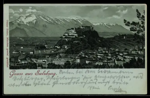 Mondschein-Lithographie Salzburg, Ortspanorama mit Festung Hohensalzburg