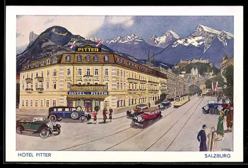 Künstler-AK Salzburg, Hotel Pitter, Strassenpartie mit Autos