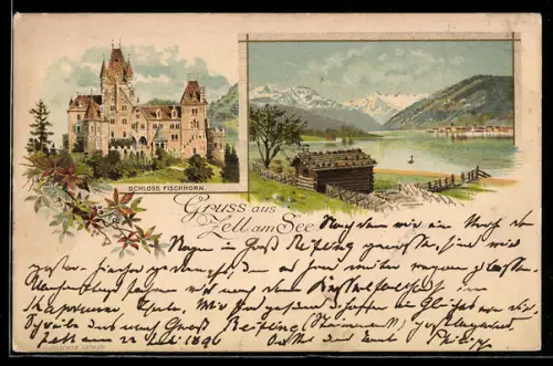 Lithographie Zell am See, Schloss Fischhorn, See mit Bergpanorama