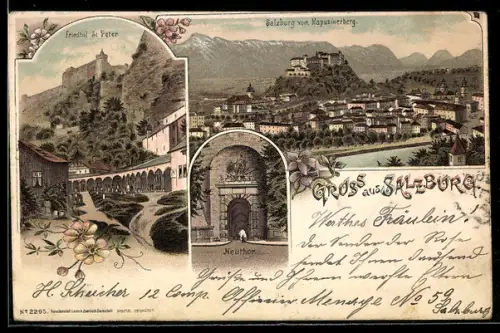 Lithographie Salzburg, Panorama vom Kapuzinerberg, Neuthor, Friedhof St. Peter