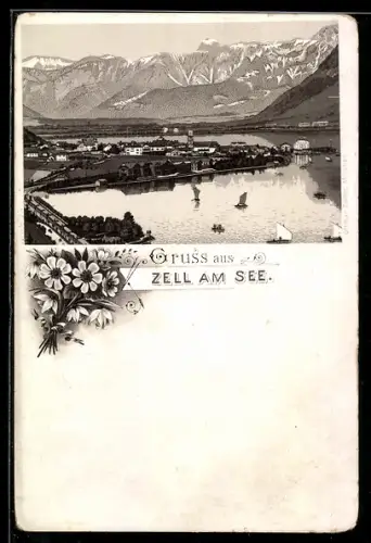Lithographie Zell am See, Panorama mit Bergkulisse