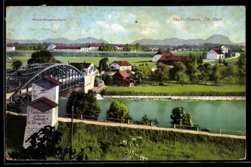 AK Stadl-Paura /Ob.-Oest., Panorama mit Brücke und Fluss