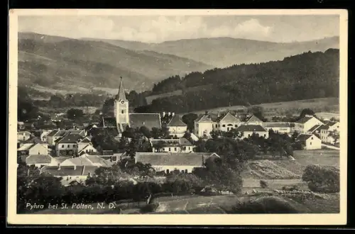 AK Pyhra bei St. Pölten, Ortsansicht mit Kirche und Bergkulisse