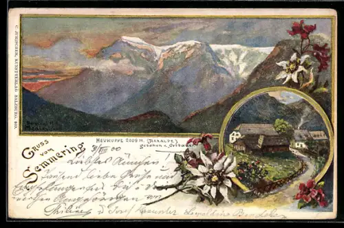 Künstler-AK Semmering, Panorama mit Heukuppe, Raxalpe gesehen vom Ortbauer