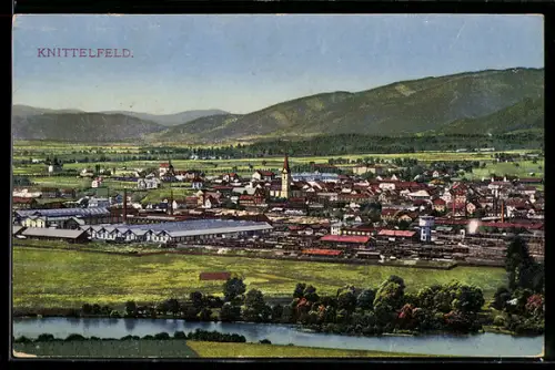 AK Knittelfeld, Panorama mit Bahnhof und Kirche