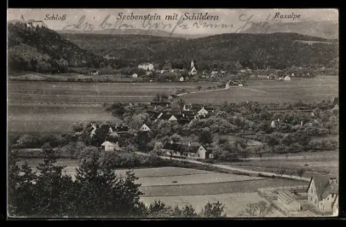 AK Seebenstein, Ortsansicht mit Schloss und Raxalpe im Hintergrund