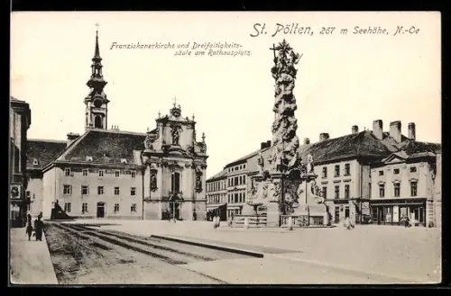 AK St. Pölten /Niederösterreich, Franziskanerkirche und Dreifaltigkeitssäule am Rathausplatz