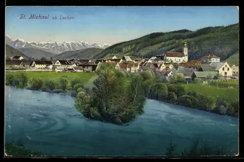 AK St. Michael ob Leoben, Panorama mit Fluss und Kirche