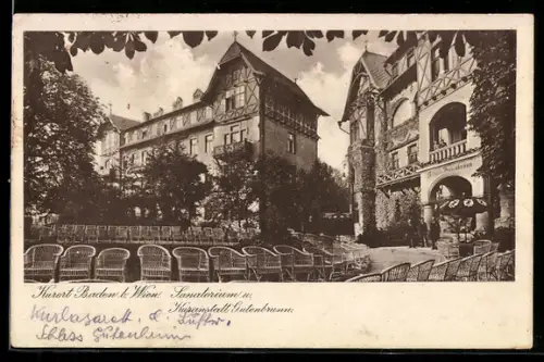 AK Baden bei Wien, Sanatorium und Kuranstalt Gutenbrunn, Terrasse mit Stühlen