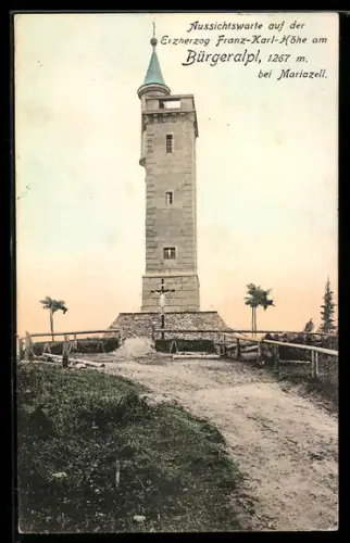 AK Mariazell, Erzherzog Franz-Karl-Höhe am Bürgeralpl, Blick zur Aussichtswarte