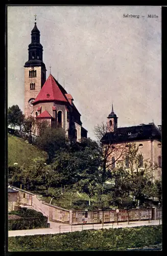 AK Salzburg, Mülln, Kirche mit Turm auf Hang