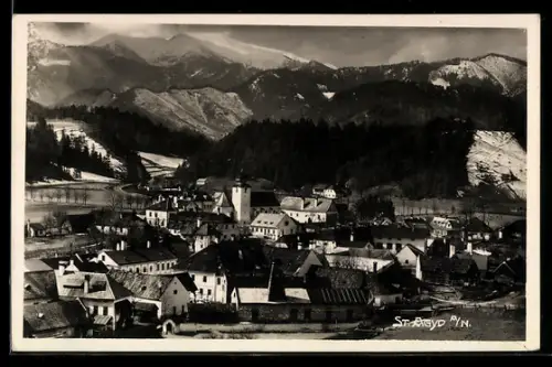 AK St. Aegyd am Neuwalde, Ortsansicht mit Kirche und Bergpanorama