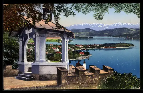 AK Pörtschach am Wörthersee, Pavillon mit Blick auf Wörthersee und Ort