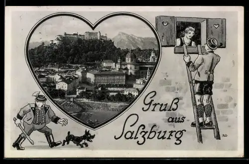 AK Salzburg, Ortspanorama mit Festung Hohensalzburg, Jäger mit Hund