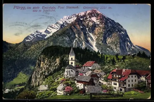 AK Pürgg bei Stainach, Panorama mit Kirche und Grimming