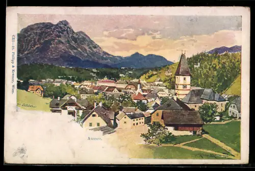 Lithographie Aussee, Ortsansicht mit Kirche und Gebirgspanorama