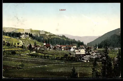 AK Ligist, Panorama mit Kirche und Häusern