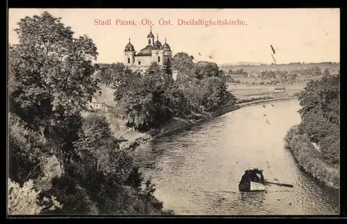 AK Stadl Paura /Ob. Öst., Dreifaltigkeitskirche mit Flusspartie