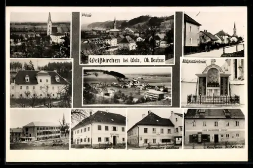 AK Weisskirchen bei Wels, Kaufhaus Fallwimmer, Pfarrhof, Schule, Kriegerdenkmal