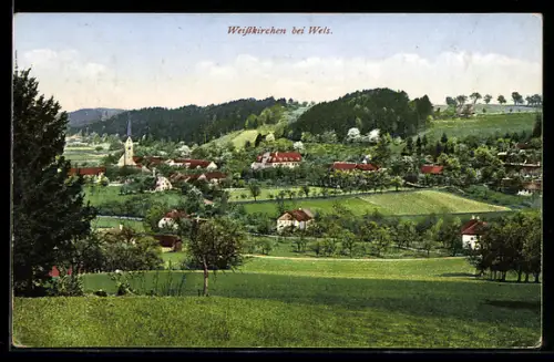 AK Weisskirchen bei Wels, Panorama mit Kirche und Hügeln