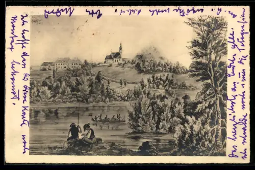 Künstler-AK Thalheim bei Wels, Panorama mit Kirche und Fluss
