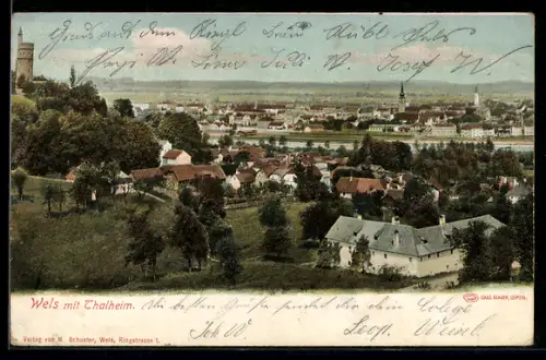 AK Wels mit Thalheim, Ortsansicht aus der Vogelschau