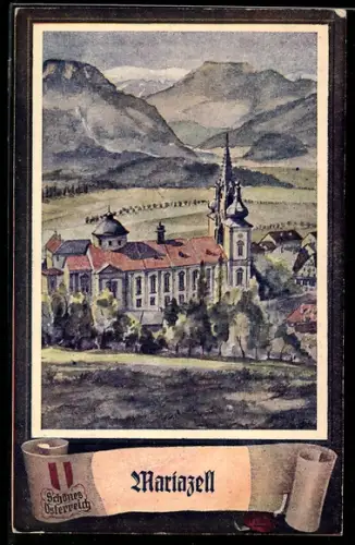 Künstler-AK Mariazell, Basilika mit Bergpanorama