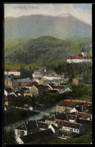 AK Gloggnitz /N.-Öst., Ortsansicht mit Kirche und Bergpanorama