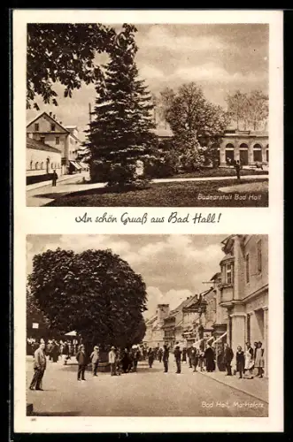 AK Bad Hall, Marktplatz und Badeanstalt