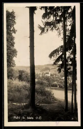 AK Pichl b. Wels, Blick durch Wald auf Ort mit Kirche