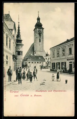 AK Grein a. Donau, Stadtplatz mit Pfarrkirche
