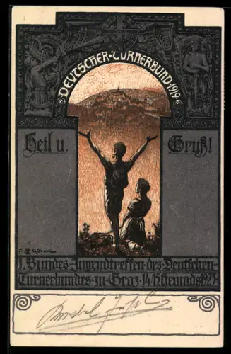 AK Graz, 1. Bundes-Jugendtreffen des Deutschen Turnerbundes 1923, Turner mit erhobenen Armen