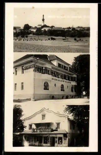 AK Aspach, Brauerei und Gasthof Hans Hofmann, Ortspanorama mit Kirche