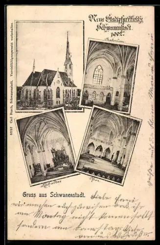 AK Schwanenstadt, Neue Stadtpfarrkirche, Innen- und Aussenansichten