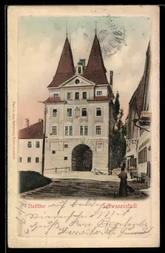 AK Schwanenstadt, Stadttor mit zwei Türmen
