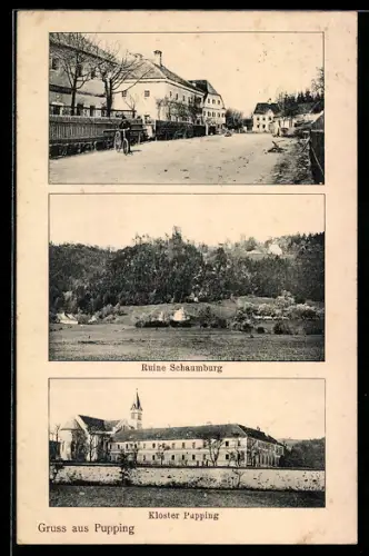 AK Pupping, Strassenpartie, Ruine Schaumburg, Kloster Pupping