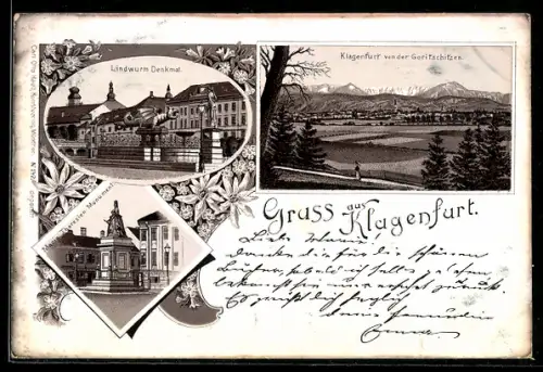 Lithographie Klagenfurt, Lindwurmdenkmal, Maria Theresien Monument
